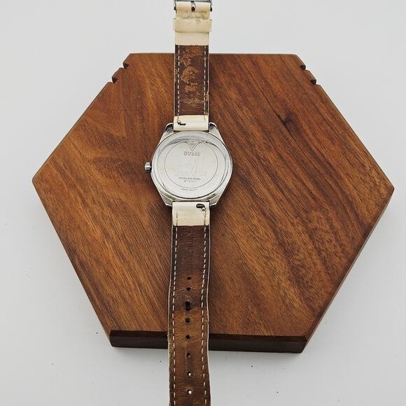 Guess Women's Crystal Halo Silver Tone Watch Whimsical Numbers Cream Band - Picture 5 of 8